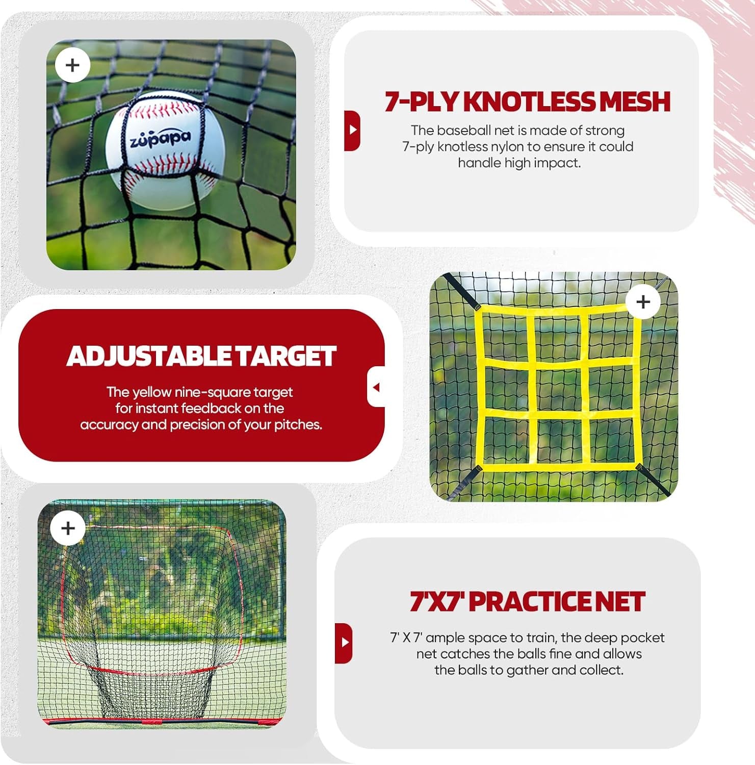 7X7 Feet Baseball Softball Hitting Pitching Net Tee Caddy Set with Strike Zone, Baseball Backstop Practice Net for Pitching Batting Catching for All Skill Levels