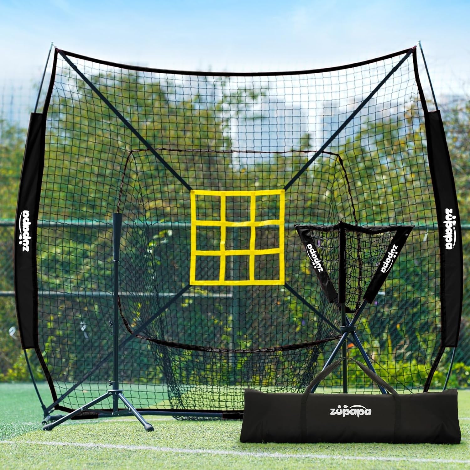 7X7 Feet Baseball Softball Hitting Pitching Net Tee Caddy Set with Strike Zone, Baseball Backstop Practice Net for Pitching Batting Catching for All Skill Levels