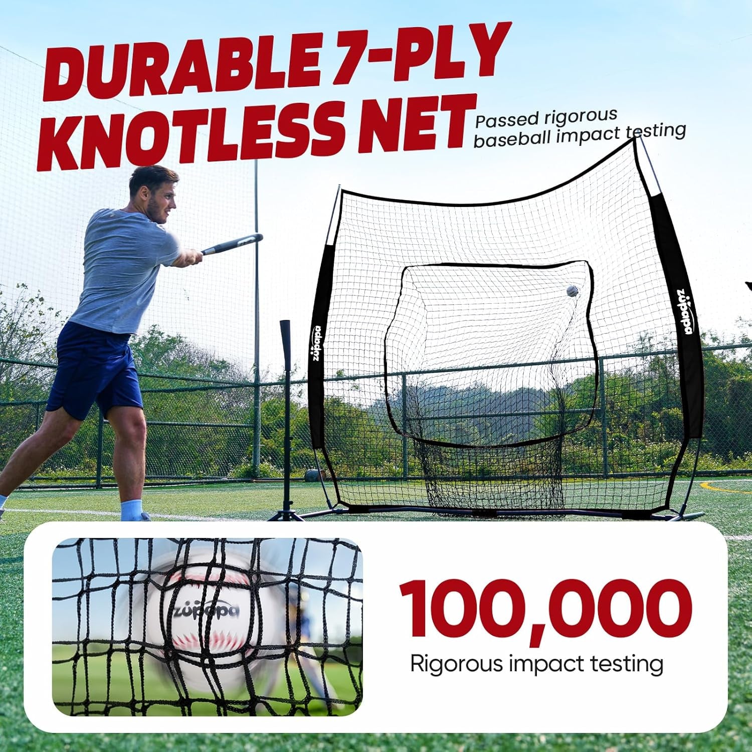 7X7 Feet Baseball Softball Hitting Pitching Net Tee Caddy Set with Strike Zone, Baseball Backstop Practice Net for Pitching Batting Catching for All Skill Levels